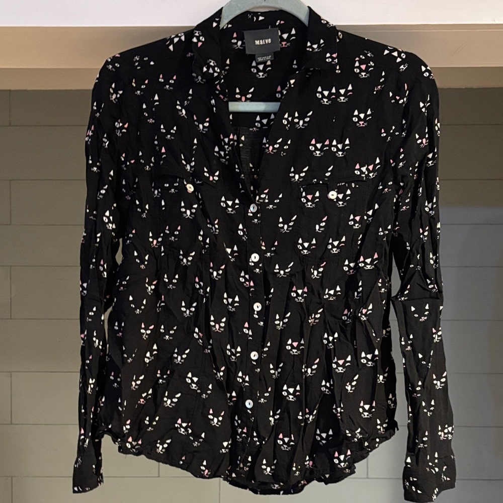 Maeve Black Cat Pattern Button Down Shirt‎